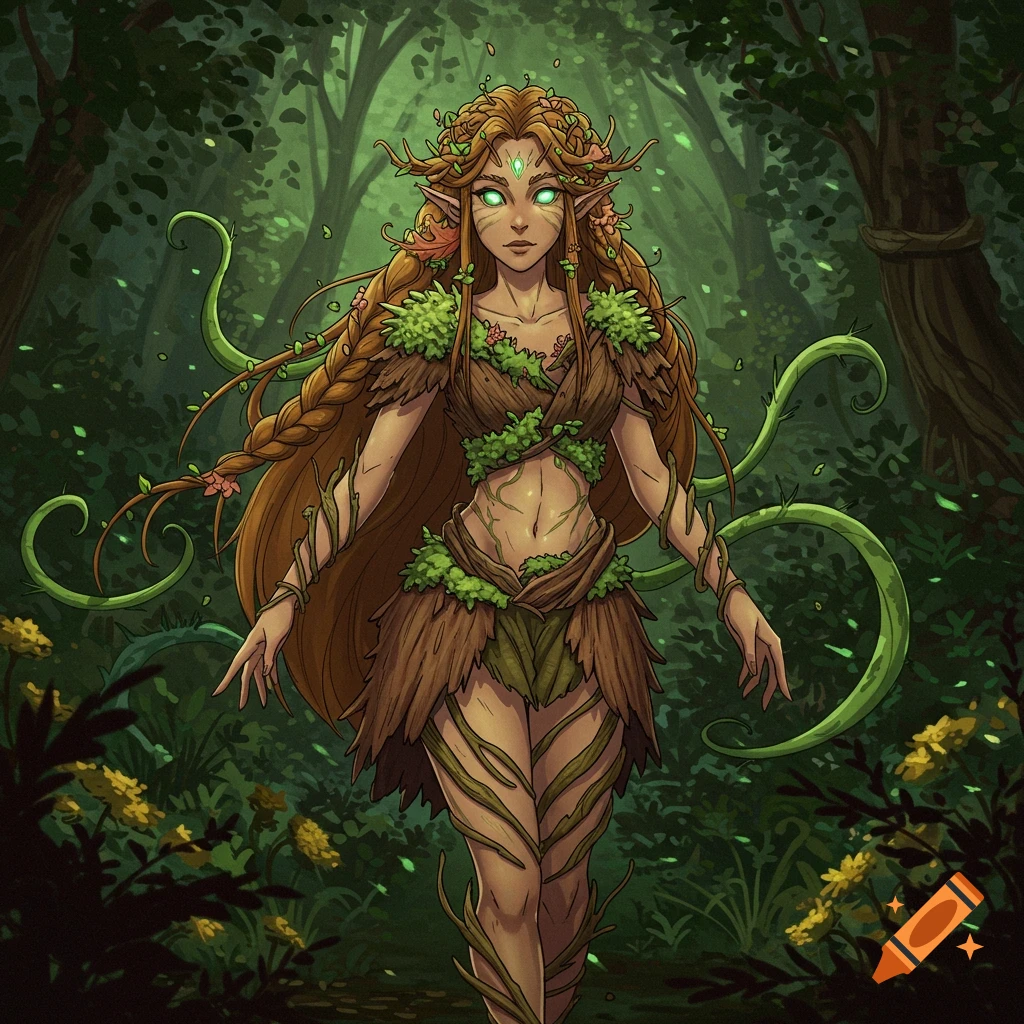 An anime-style nature spirit with long, braided hair, glowing green eyes, and an outfit made of bark and leaves stands in a lush forest.