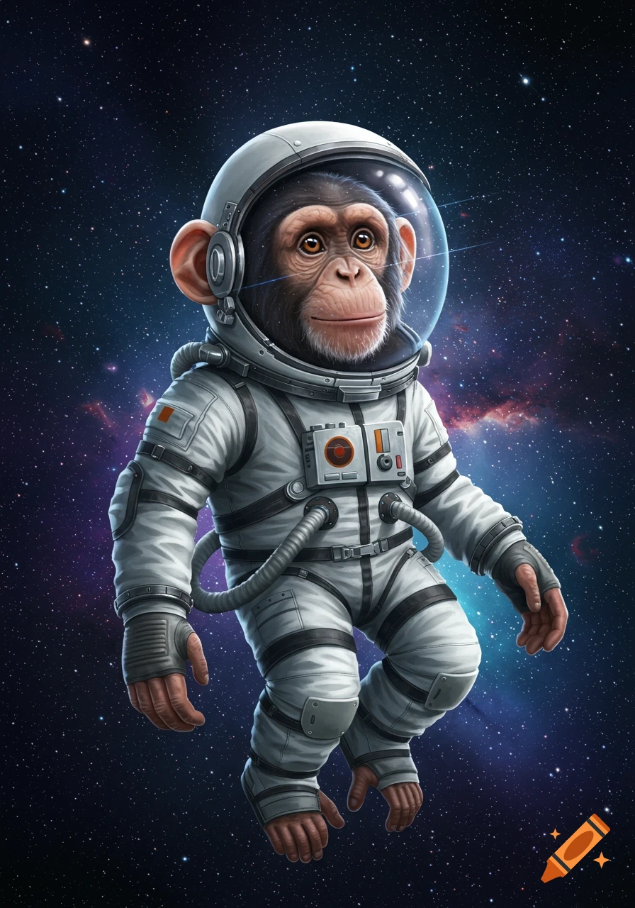 A chimpanzee in a white spacesuit floats in outer space amidst a field of stars and colorful nebulae.
