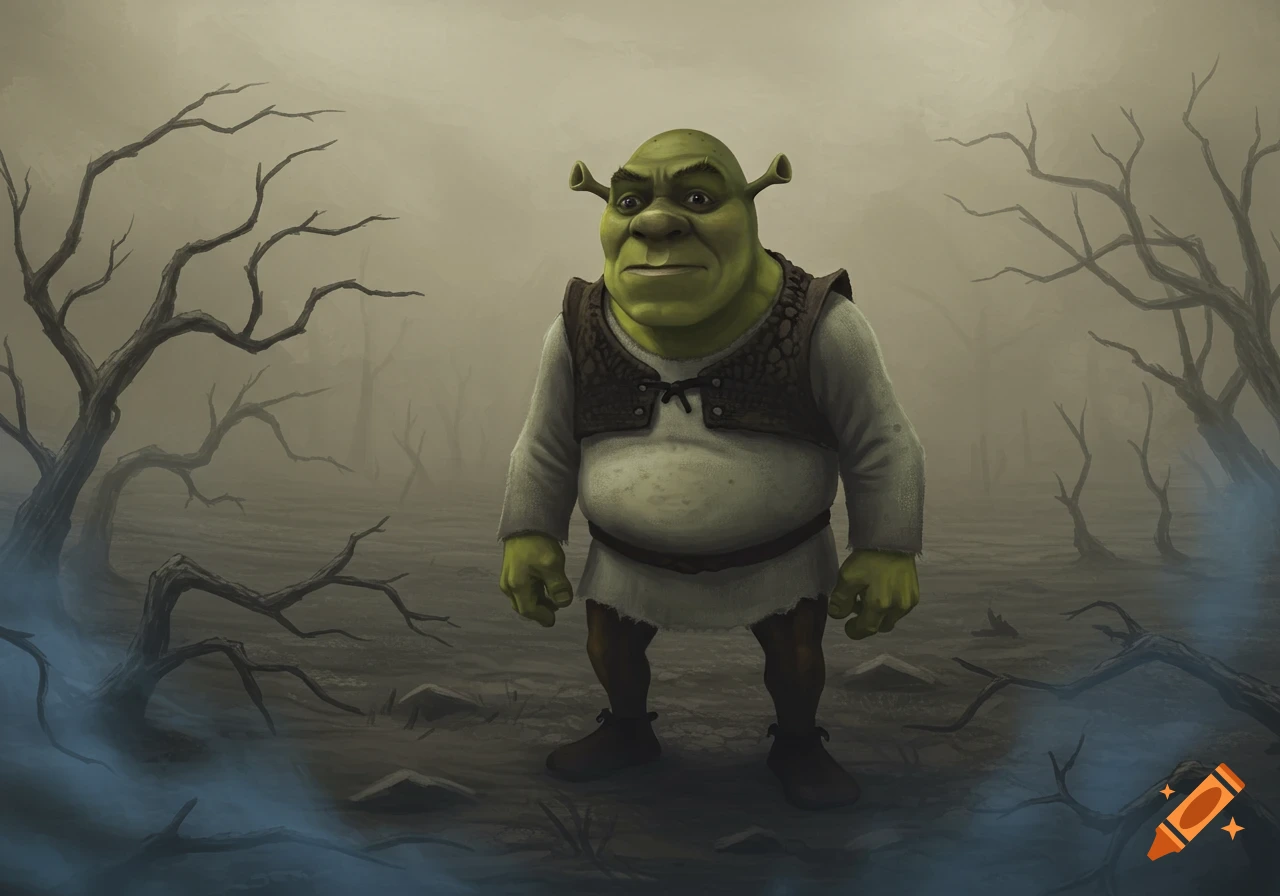 An illustration of Shrek standing in a gloomy, foggy swamp with twisted bare trees, in a dark fantasy art style.