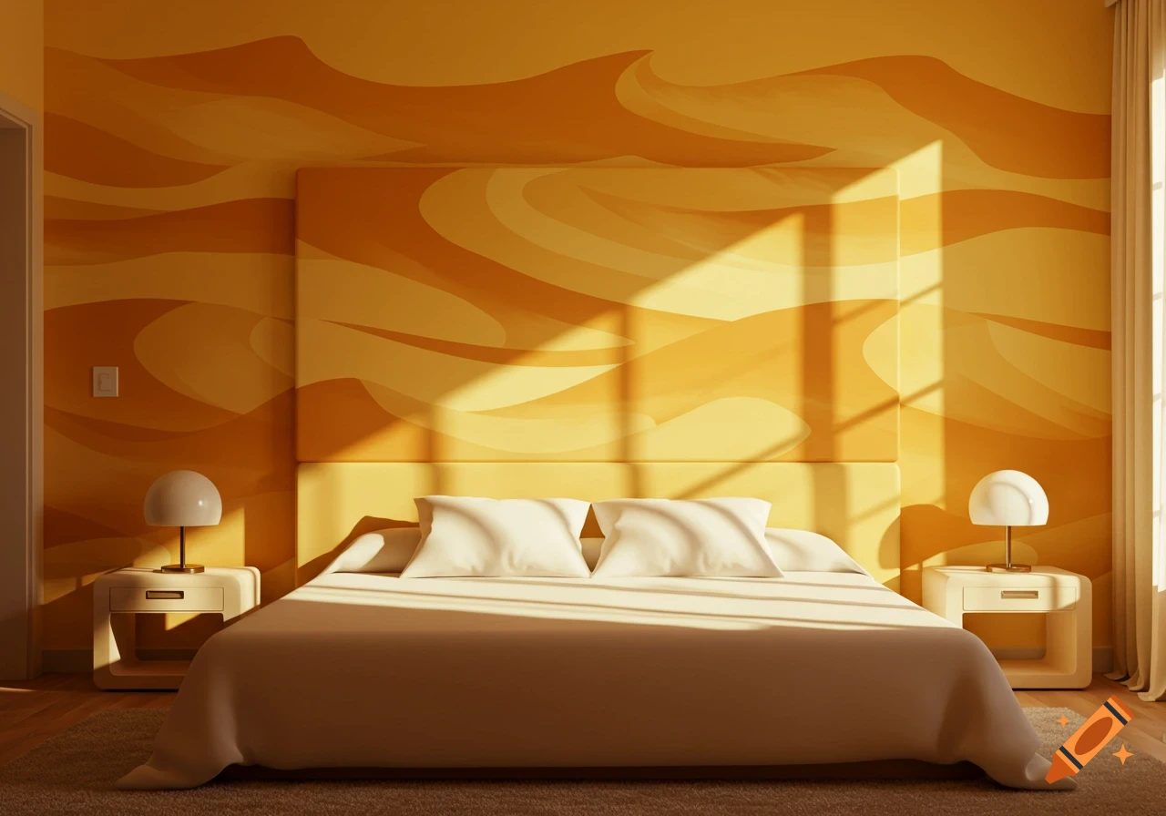 A bedroom with yellow walls featuring a stylized dune pattern, a bed with white pillows, and two nightstands with lamps, bathed in warm sunlight.