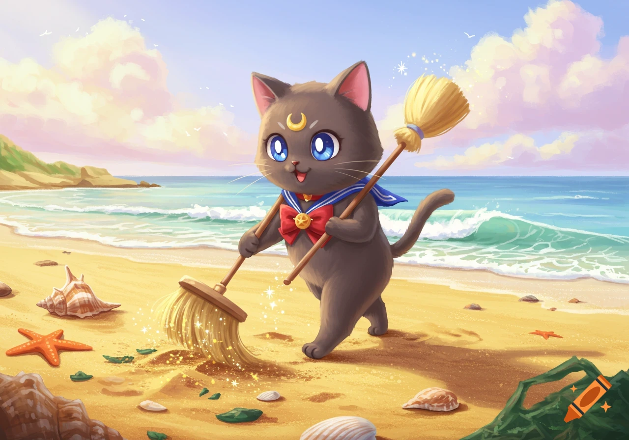 A cute, cartoon cat in a Sailor Moon outfit sweeps a sandy beach with a broom, surrounded by shells and gentle waves.