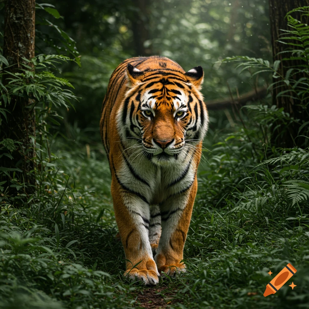 A photorealistic tiger with orange and black stripes walks directly towards the viewer through a lush green forest.