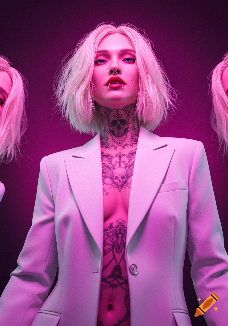 Blonde woman with bob hair, face piercings, and skull tattoos on her neck and torso, wearing an open white blazer under pink neon light.