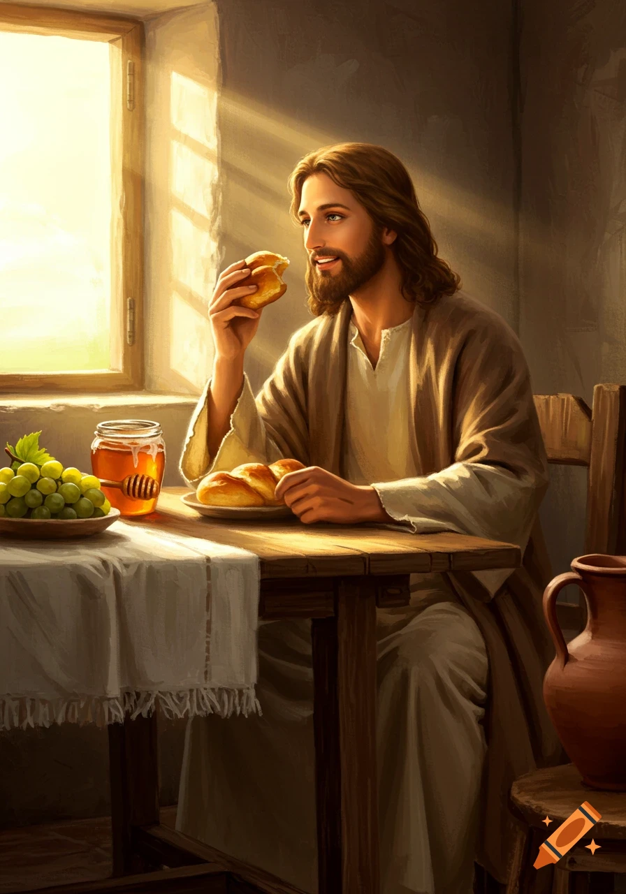 Jesus eats bread at a rustic wooden table with grapes and honey, bathed in warm sunlight from a window.