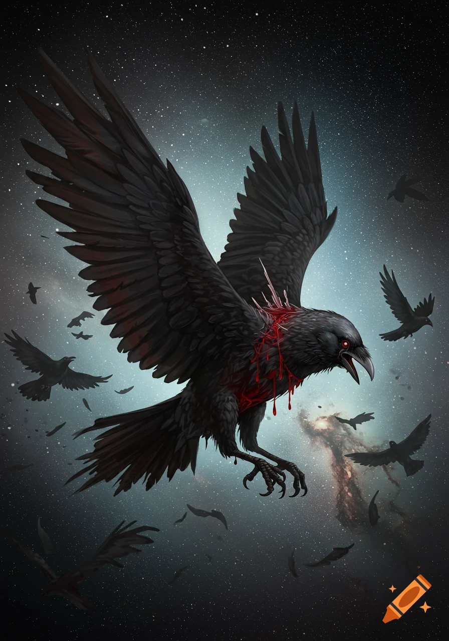 A large, dark crow-like bird with blood dripping from chest wounds, soaring through a starry, cosmic sky with smaller birds.