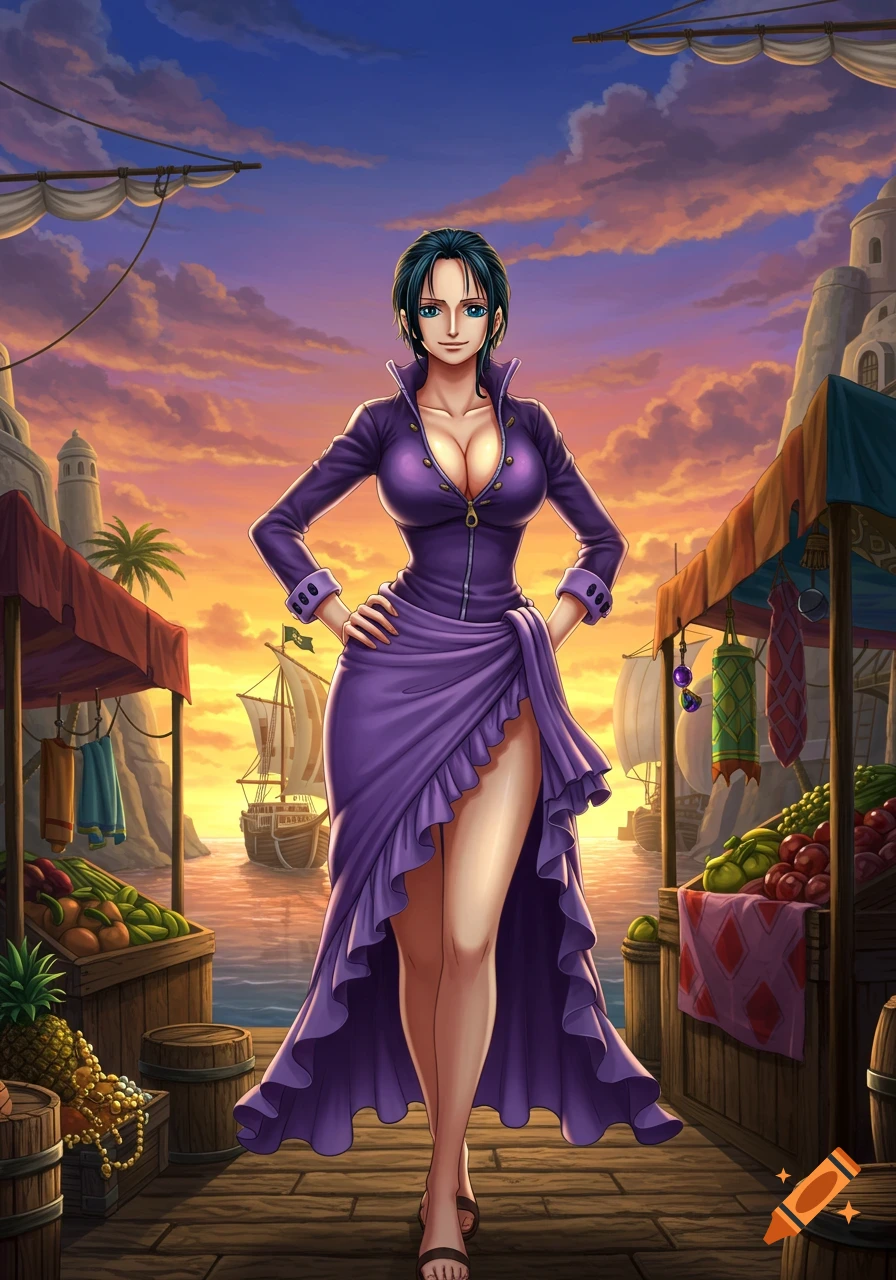Nico Robin from One Piece stands on a wooden dock at sunset, wearing a purple dress with a ruffled skirt.