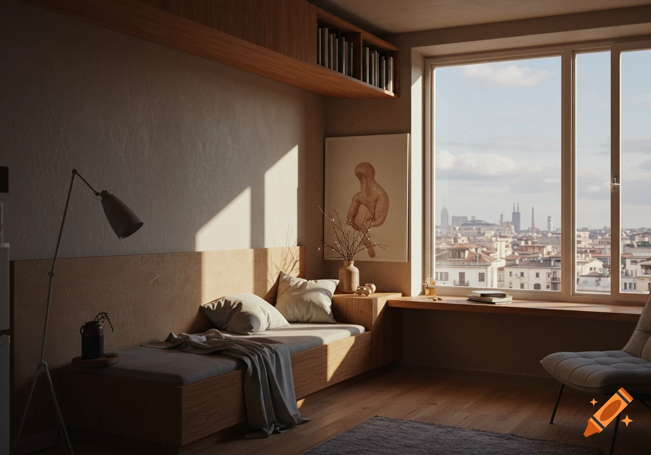 Minimalist apartment interior with a daybed, modern lamp, and a window overlooking a sunny cityscape.