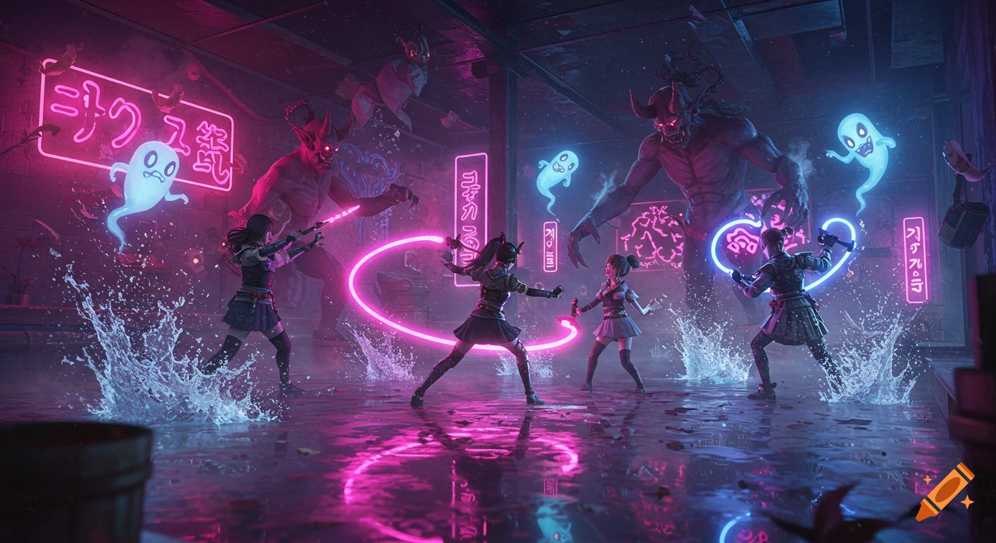 A vibrant, neon-lit K-pop demon hunter battle in a Japanese-style bathhouse. Stylized female warriors fight large demons and small ghosts in splashing water, with glowing pink and blue lights.