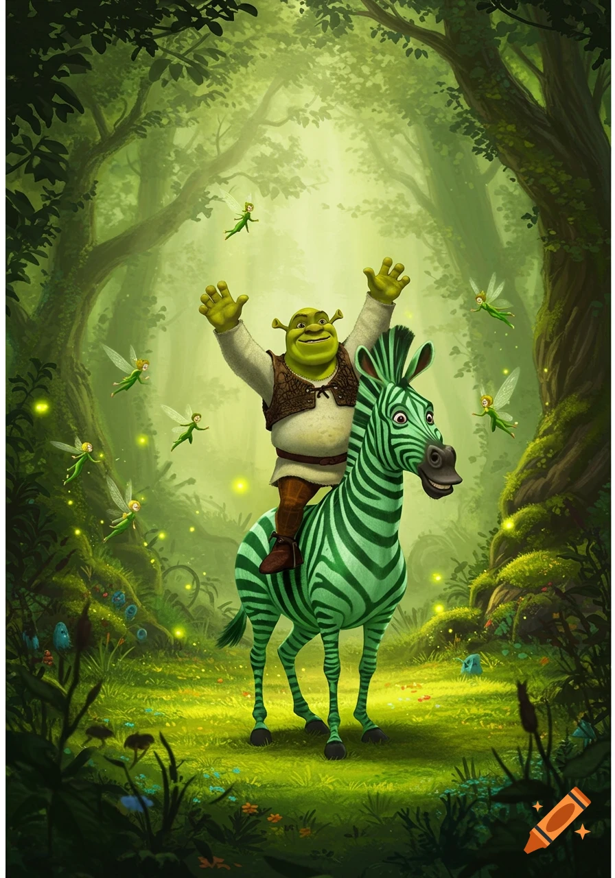 Shrek rides a green zebra through a vibrant, mystical forest, surrounded by glowing fairies.