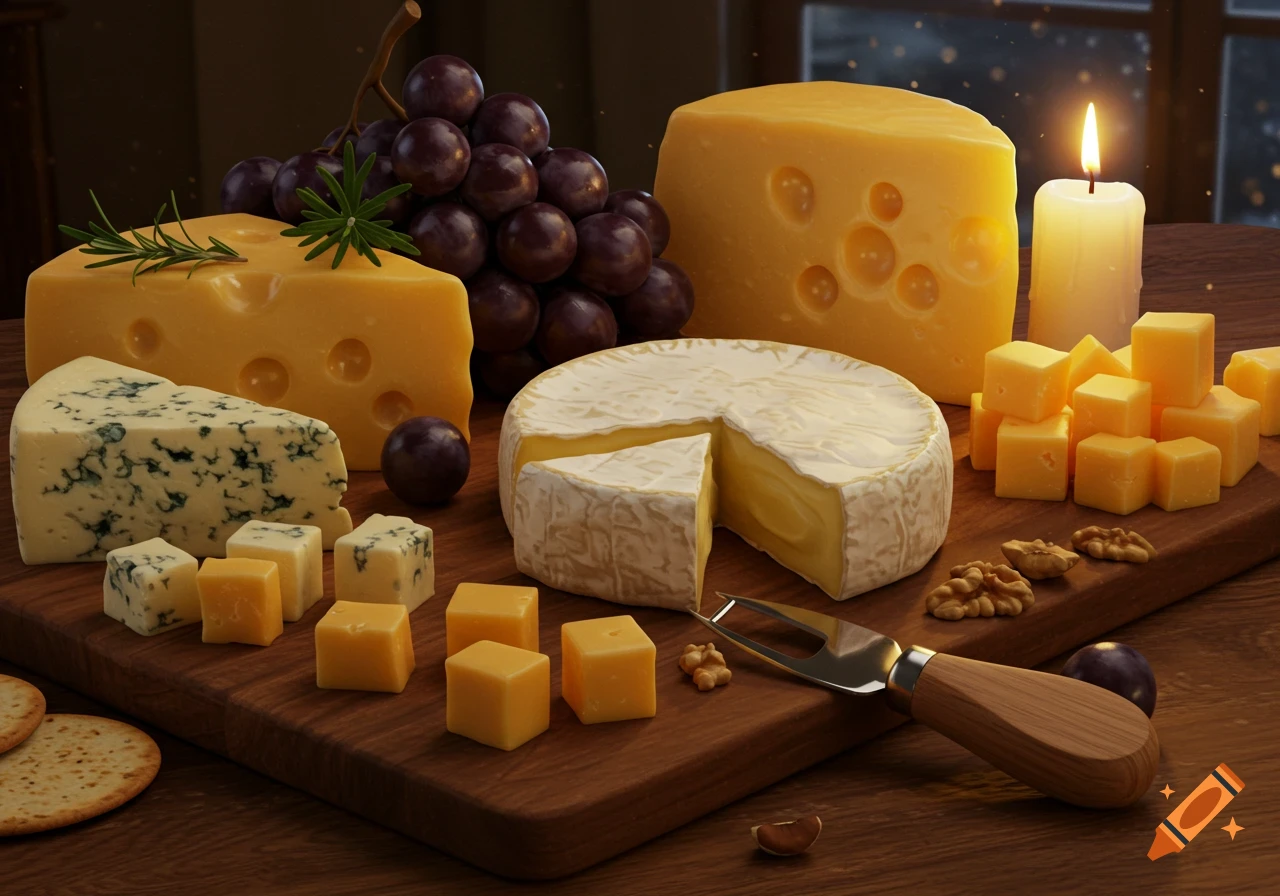 Photorealistic still life of a cheese board with various cheeses, grapes, walnuts, crackers, and a lit candle.