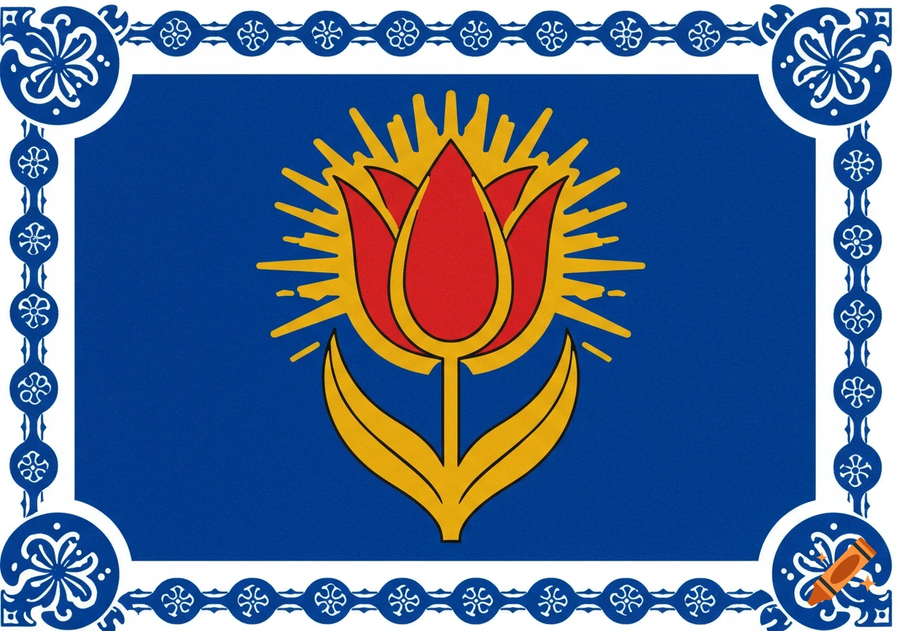 A stylized flag with a red tulip and yellow sunburst emblem on a blue background, framed by a decorative blue and white border.