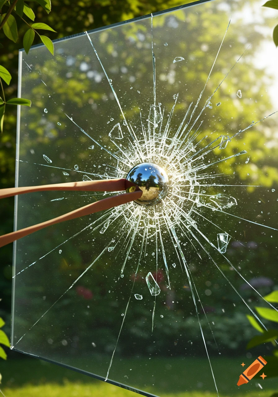 Photorealistic image of a metallic sphere from a slingshot shattering a pane of glass outdoors, surrounded by green foliage.