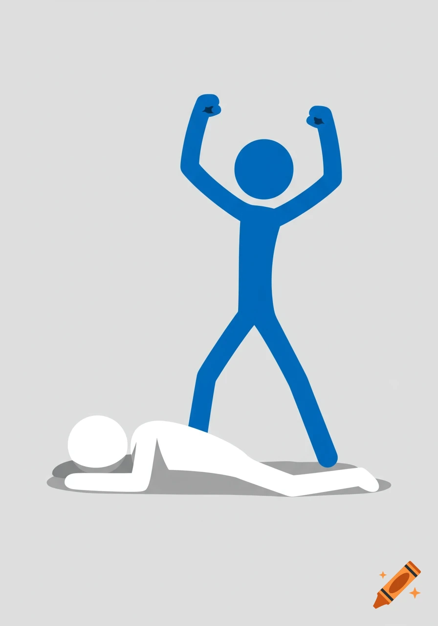 A blue stick figure stands with arms raised in victory over a white stick figure lying defeated on the ground.
