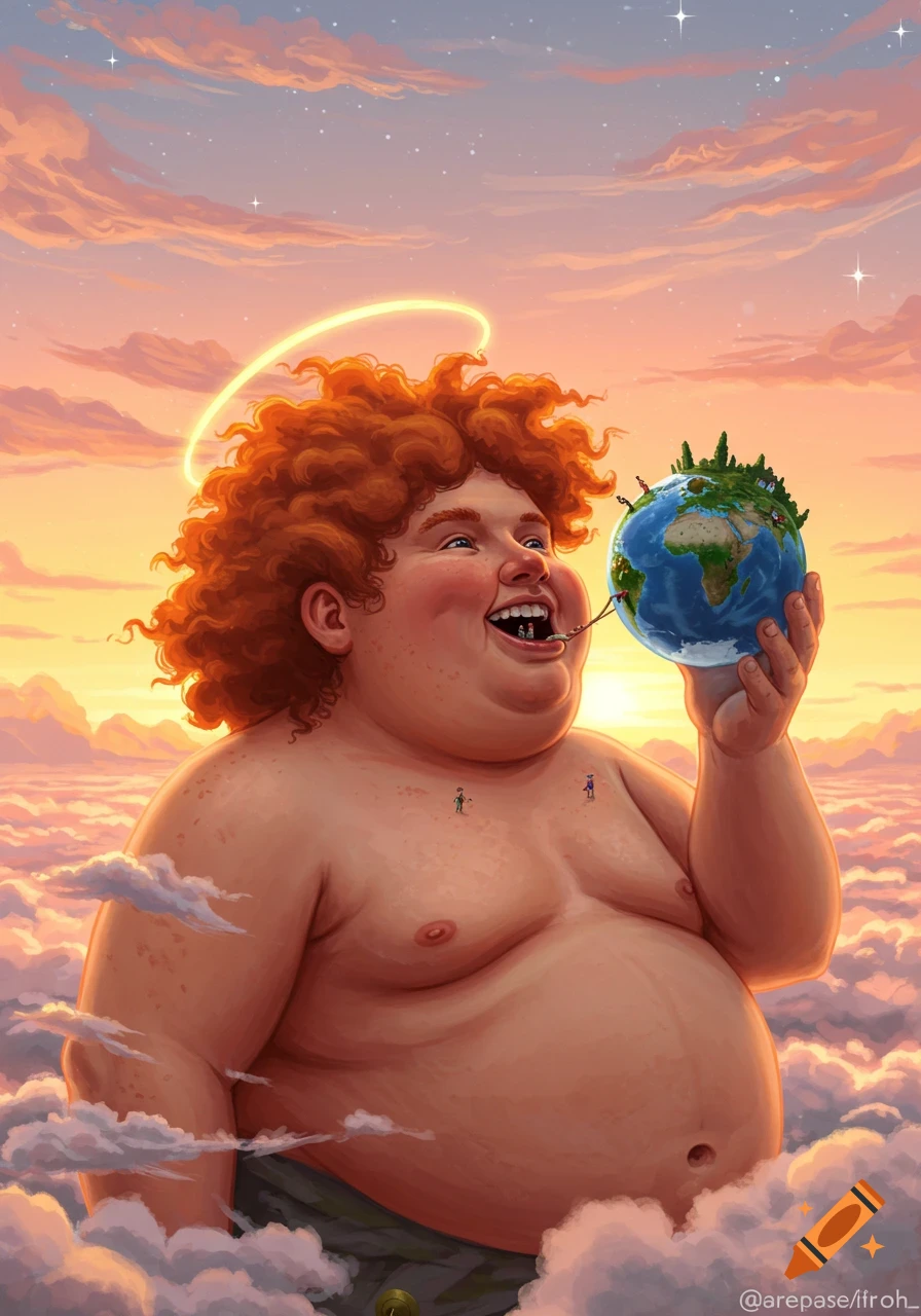 A smiling, giant ginger man with a halo stands in clouds, holding a tiny Earth to his mouth against a sunset sky. Illustrated.
