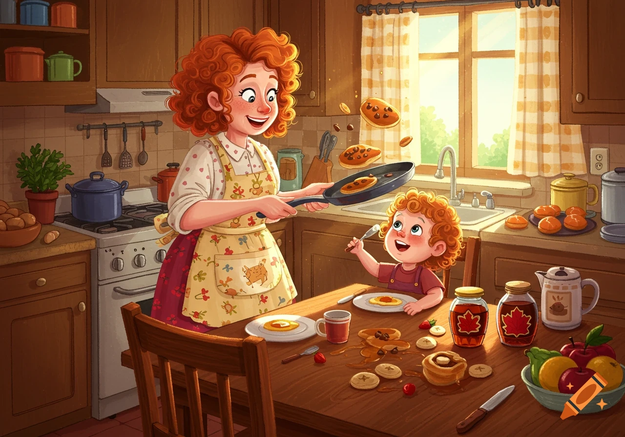 Cartoon mother with red curly hair flips chocolate chip pancakes while her grandchild watches eagerly at a kitchen table filled with breakfast items.