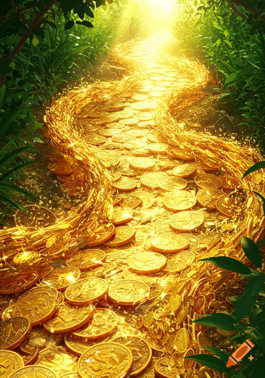 A glowing path made of gold coins winds through a lush, sunlit jungle, with more coins scattered around.