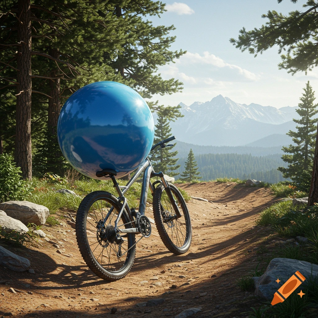 A large, reflective blue sphere rests on a mountain bike on a dirt trail in a sunny pine forest with distant mountains.