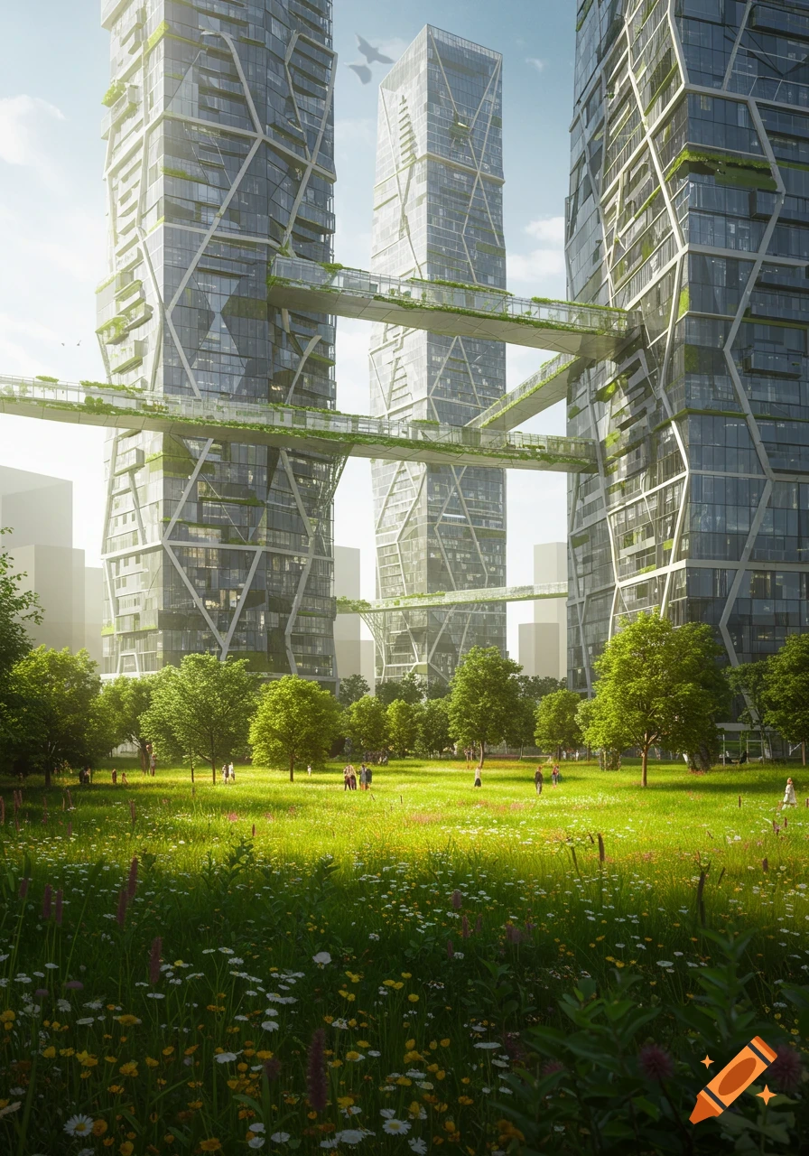 Modern, eco-friendly skyscrapers with connecting bridges covered in greenery overlook a lush park with flowers and people.