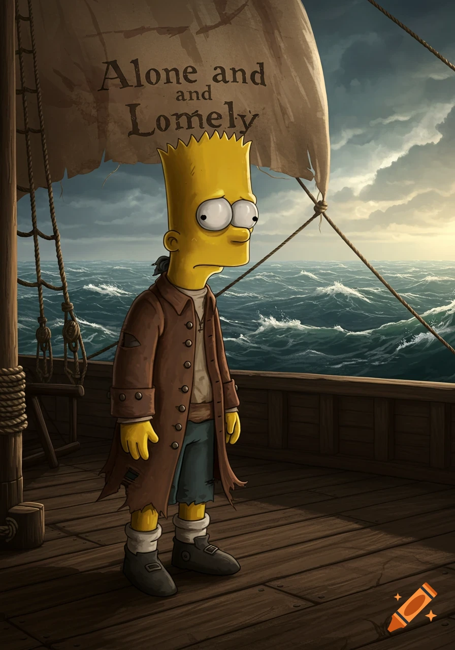 Sad Bart Simpson, dressed as an old-fashioned sailor, stands on a wooden ship deck looking out at a stormy, wavy sea. The ship's sail above him reads "Alone and Lonely".