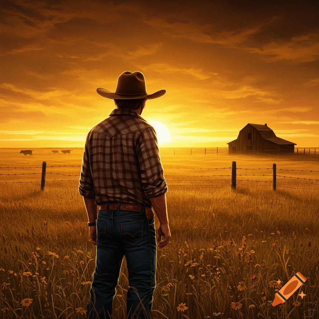 A man in a cowboy hat and plaid shirt stands in a grassy field, looking at a bright sunset over a rural landscape with a barn and cattle.