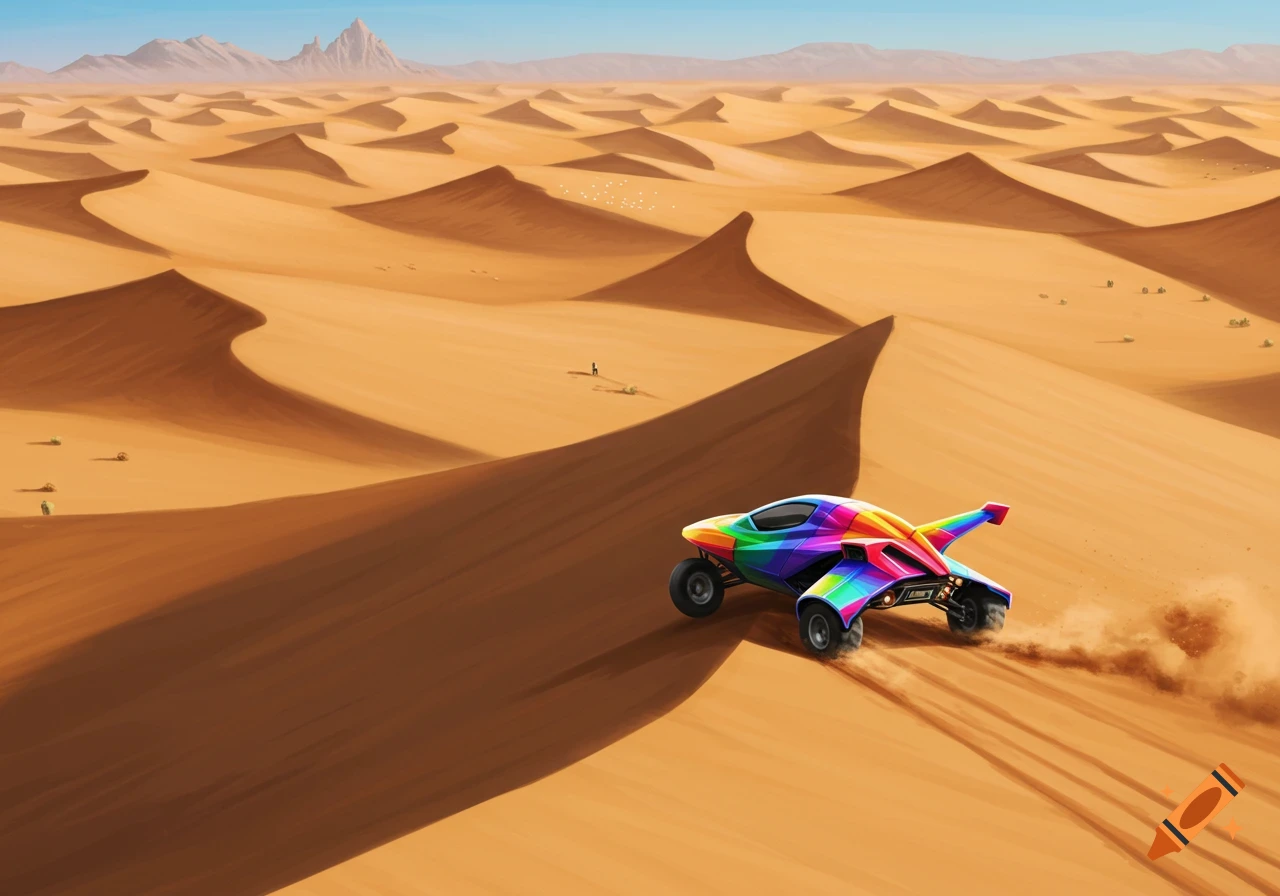 A vibrant rainbow-colored personal carrier drives down a sand dune in a vast desert landscape under a clear sky.