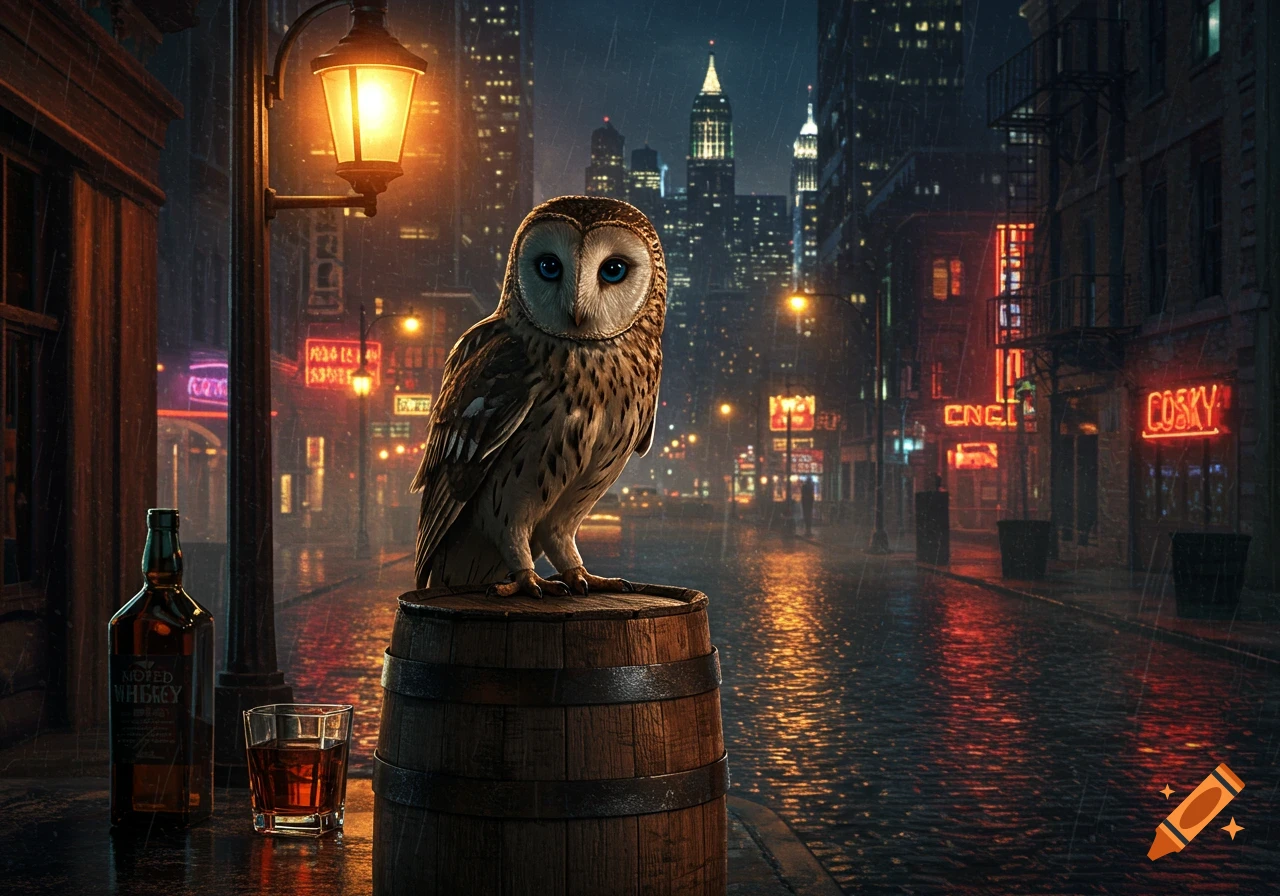 A photorealistic owl with blue eyes sits on a wooden barrel next to a whiskey bottle and glass on a rainy city street at night, with neon signs in the background.