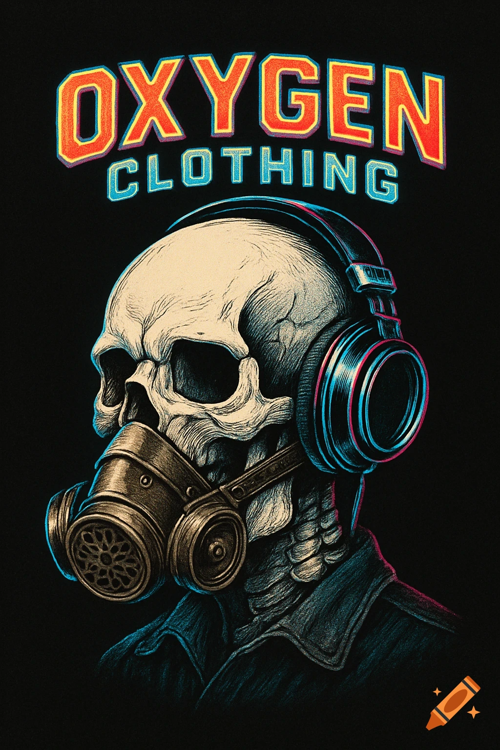 Retro-style illustration of a skull with headphones and a gas mask, with "OXYGEN CLOTHING" text above on a black background.