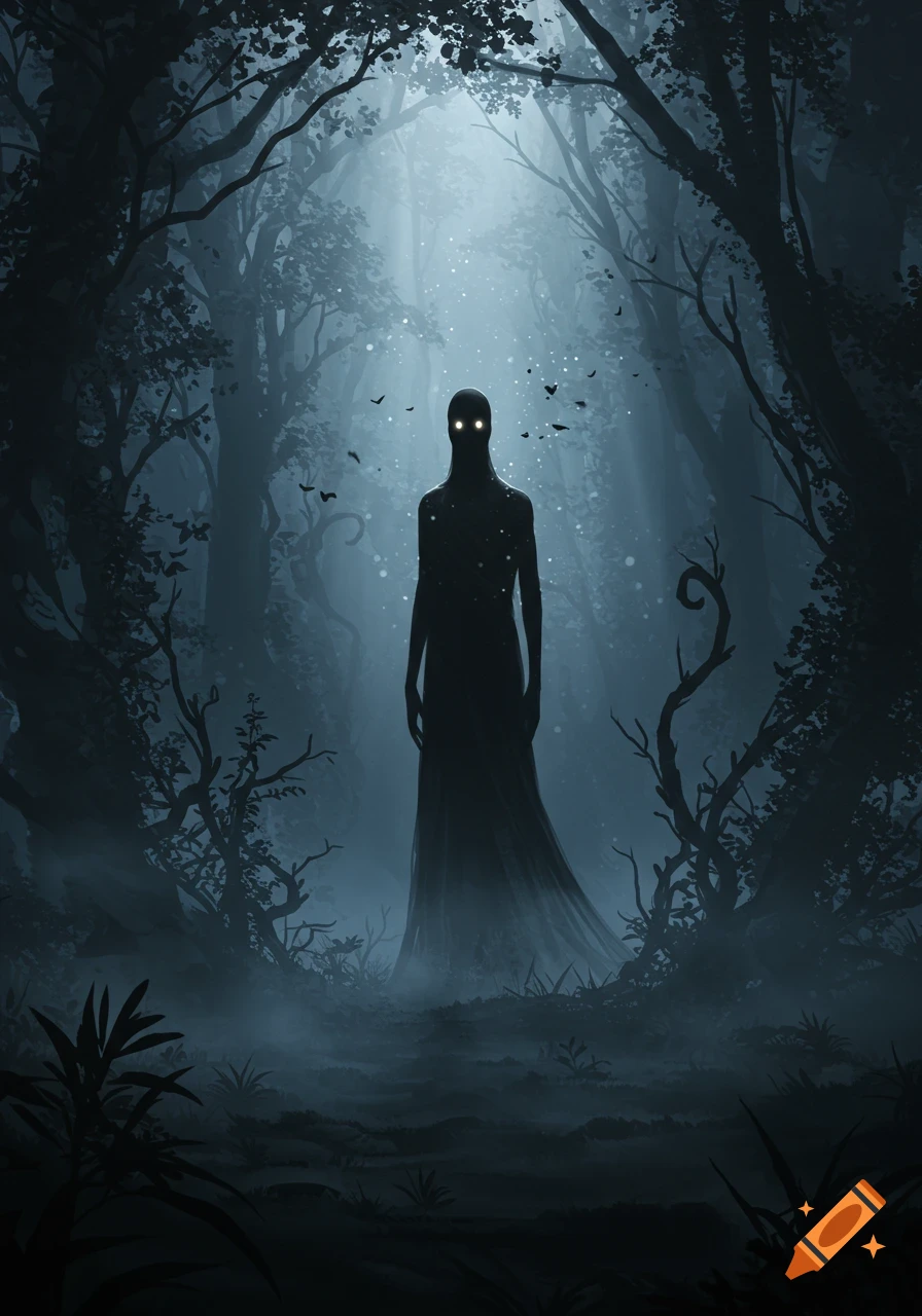 An eerie, shadowy figure with glowing eyes stands in a dark, misty forest with light filtering through.