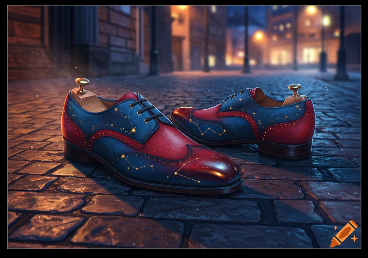 A pair of red and blue dress shoes adorned with golden constellation patterns sits on a cobblestone street at night.