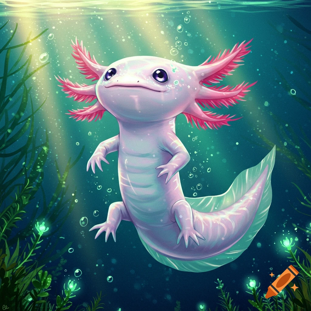 A cute pink and white axolotl swims in clear blue-green water with plants and bubbles, light rays from above, in a vibrant art style.