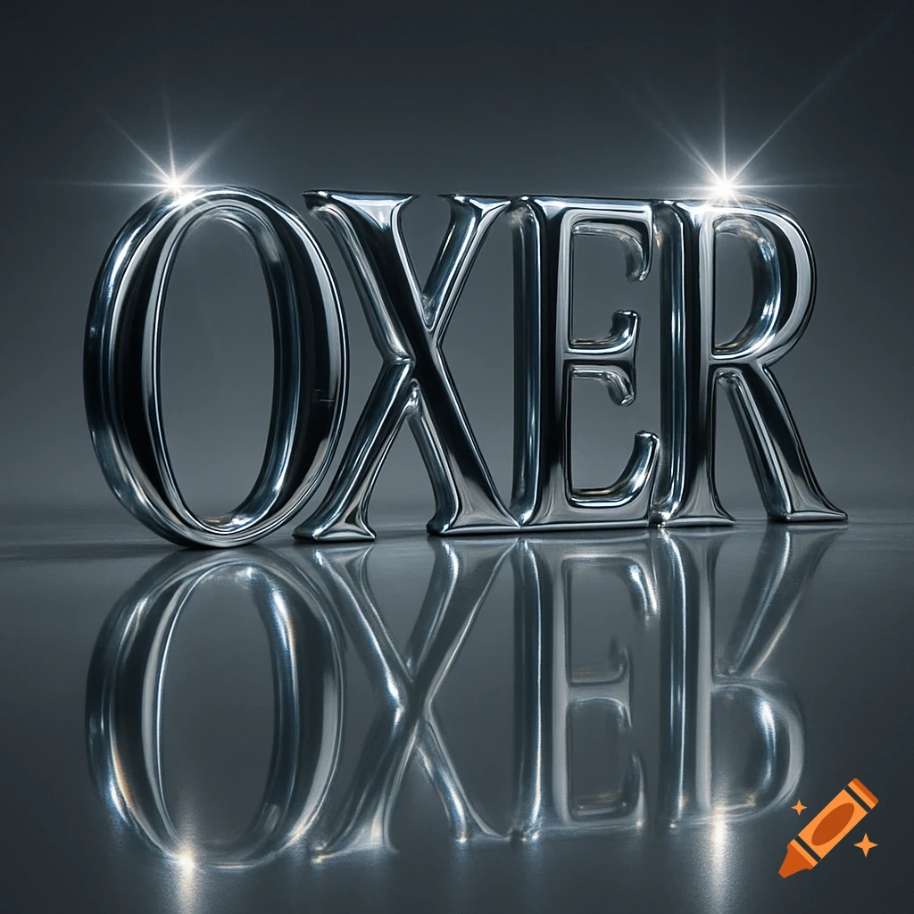 The word OXER in shiny chrome letters, casting a reflection on a metallic surface, with bright highlights.