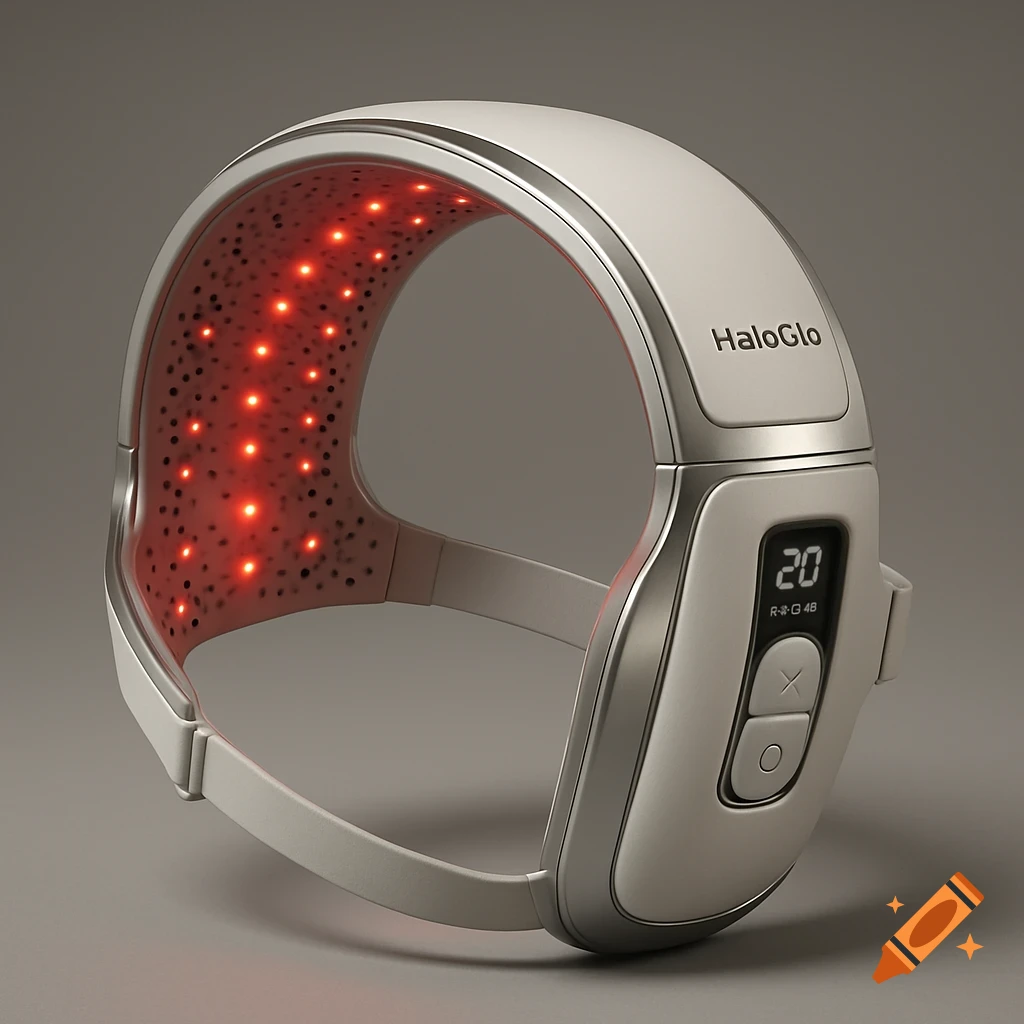 A photorealistic concept image of a white and silver HaloGlo hair growth device. It's a sleek, semi-circular headband with red glowing LED lights inside and a small display showing "20 R-P-O 4B".