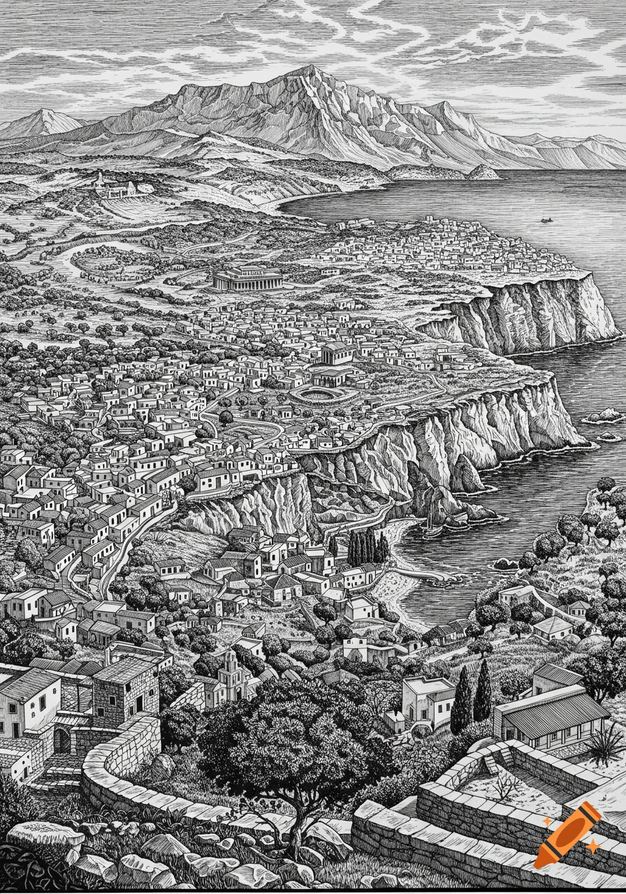 Intricate black and white drawing of a sprawling ancient coastal city with cliffs, mountains, and a sea.