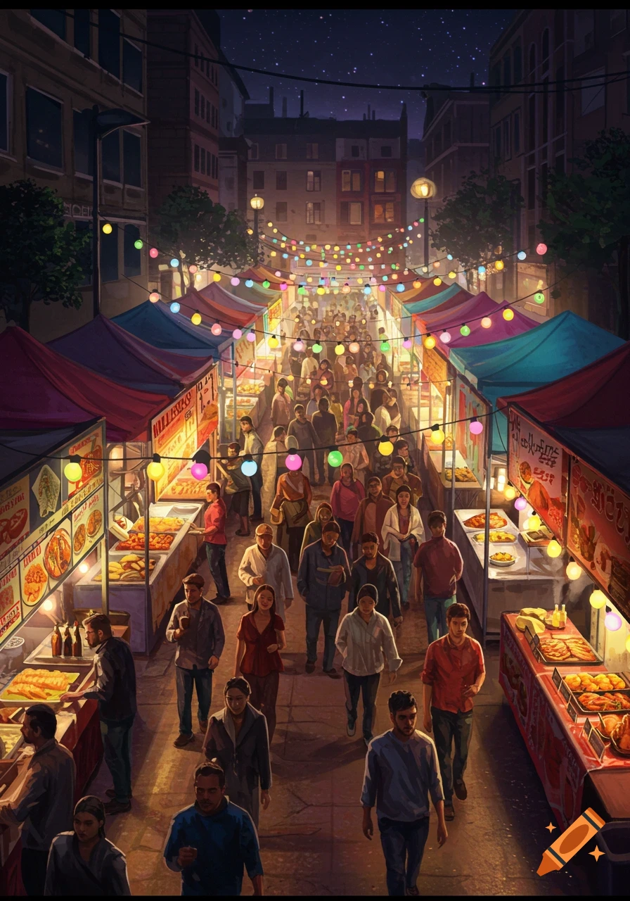 A bustling night market at dusk, with crowds of people walking between brightly lit food stalls under colorful string lights.