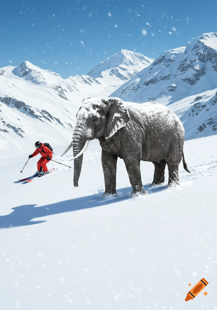 A person in red skis down a snowy mountain slope next to a large African elephant, with majestic snow-covered peaks in the background.