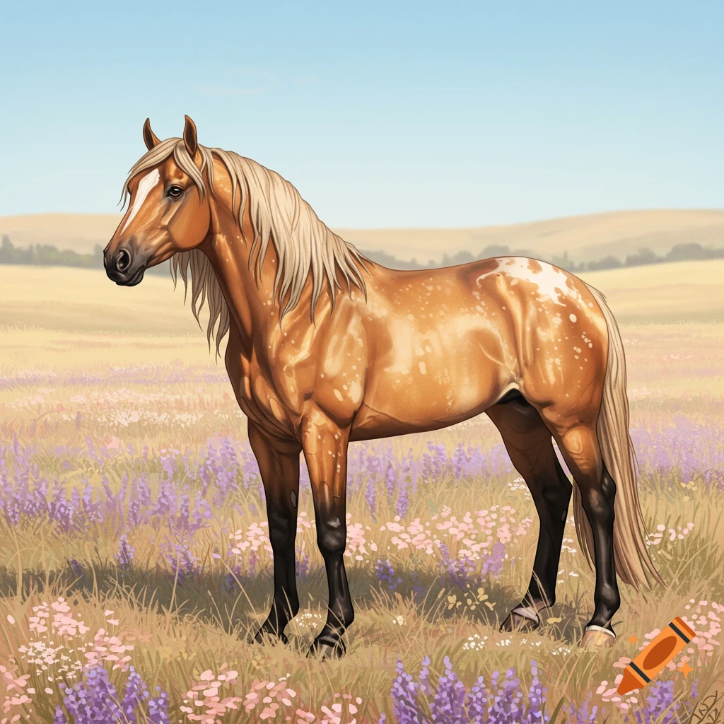 An illustrative dunalino-roan horse with a cream mane and tail stands in a field of purple and pink wildflowers.
