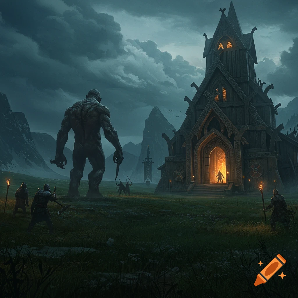 A towering grey monster with knives approaches a torchlit medieval hall, while armored warriors stand ready in a dark, stormy landscape.