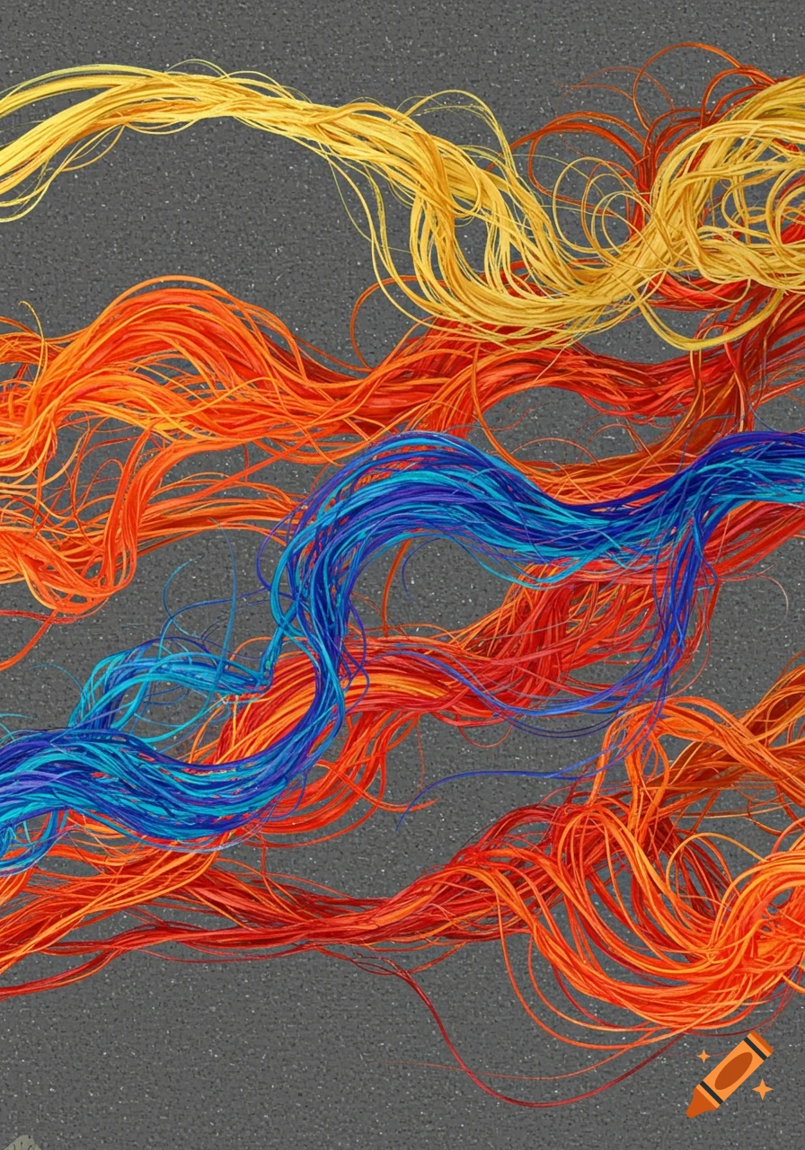 Vibrant yellow, orange, and blue tangled strands on a mottled gray background.
