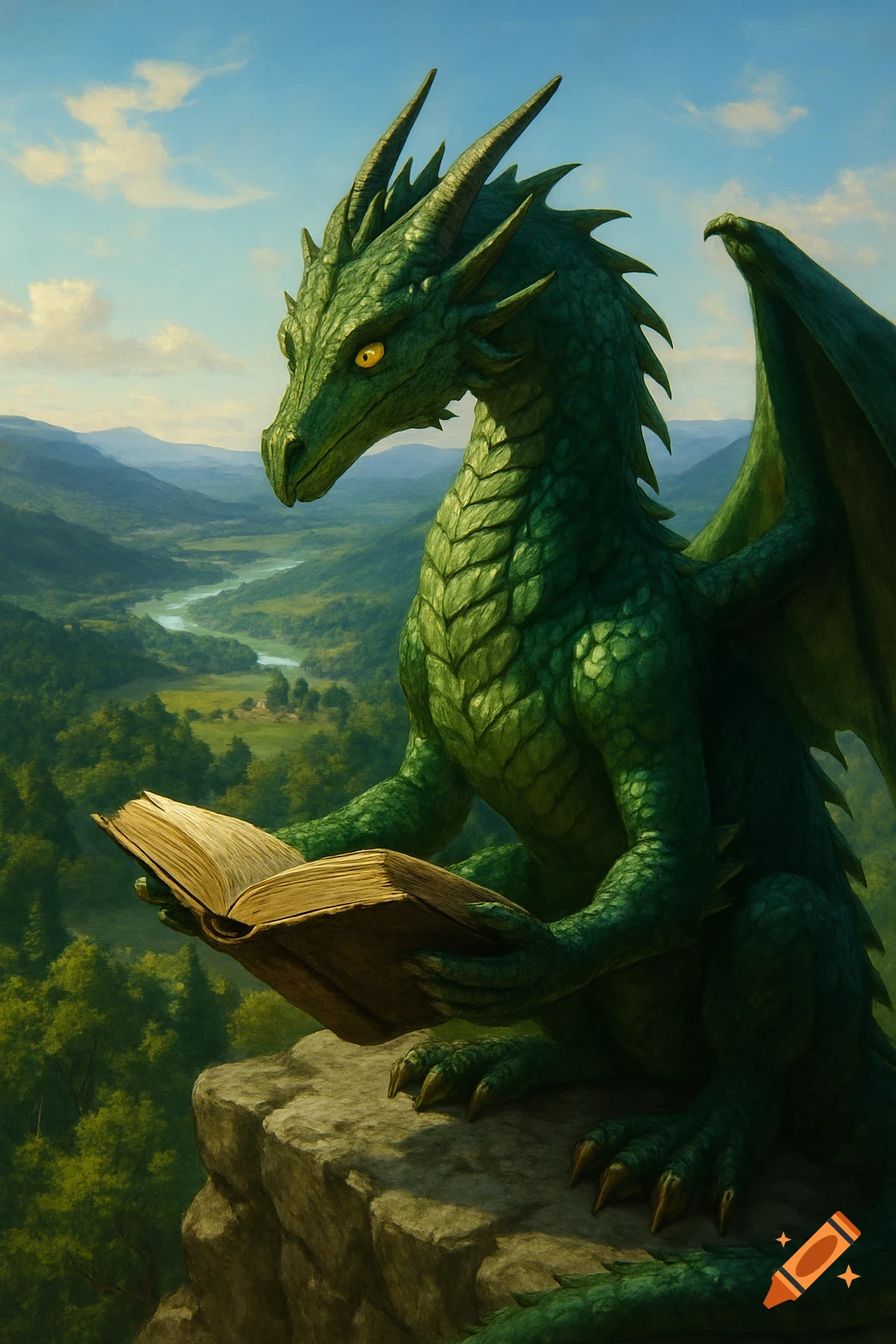 A fierce green dragon with golden eyes sits on a rocky cliff overlooking a lush valley, reading a large open book.