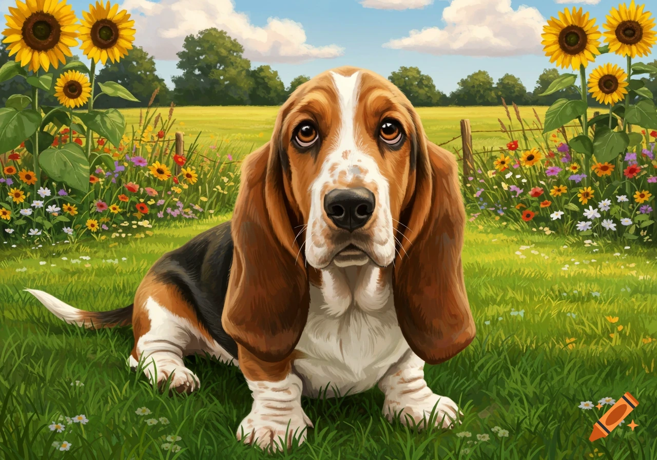A cute brown and white basset hound with long ears sits in a vibrant field of sunflowers and wildflowers.