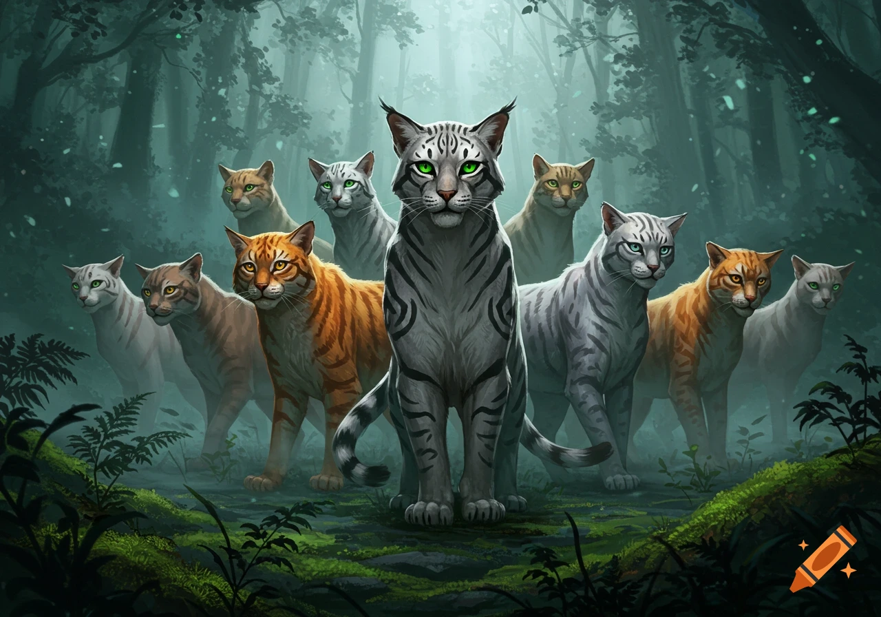 A gray tabby cat with glowing green eyes leads a group of watchful gray and orange tabby cats in a misty, dark forest digital painting.