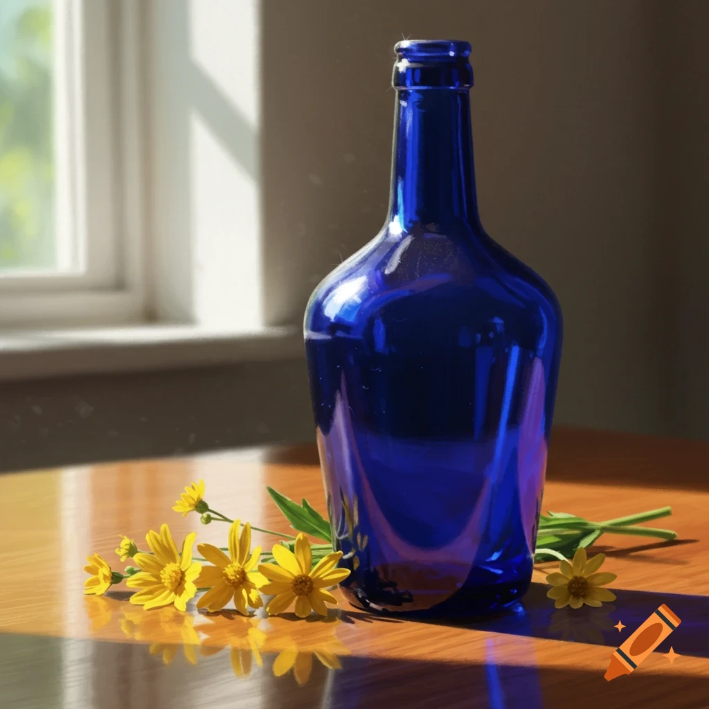 A deep blue glass bottle stands on a wooden table next to yellow flowers, bathed in sunlight from a window.