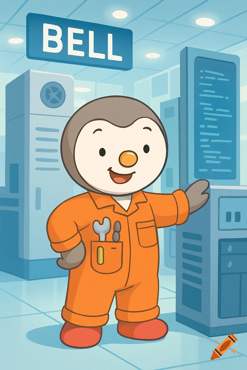 A cartoon penguin, T'choupi, in an orange technician's jumpsuit with tools, stands smiling in a server room under a 'BELL' sign.