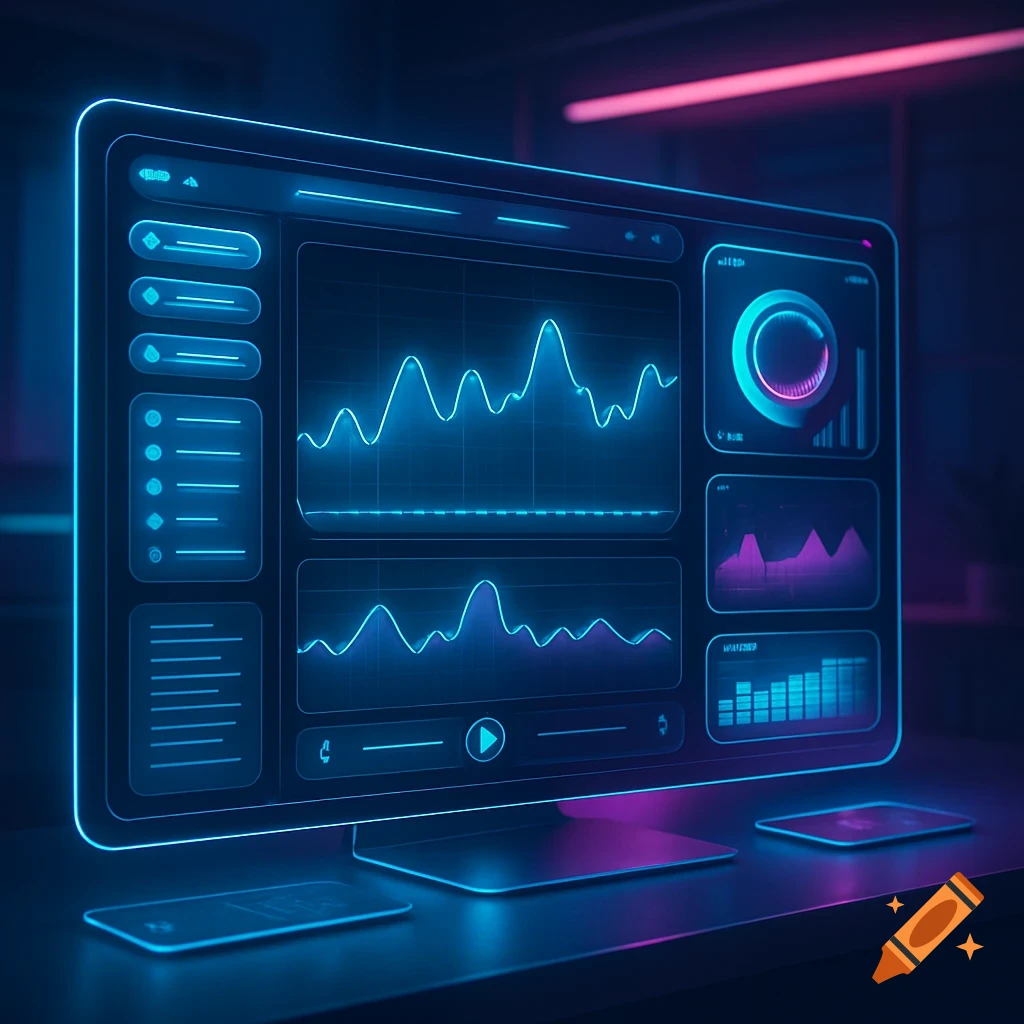 A glowing futuristic desktop monitor displays abstract blue and purple graphs and UI elements on a dark desk.