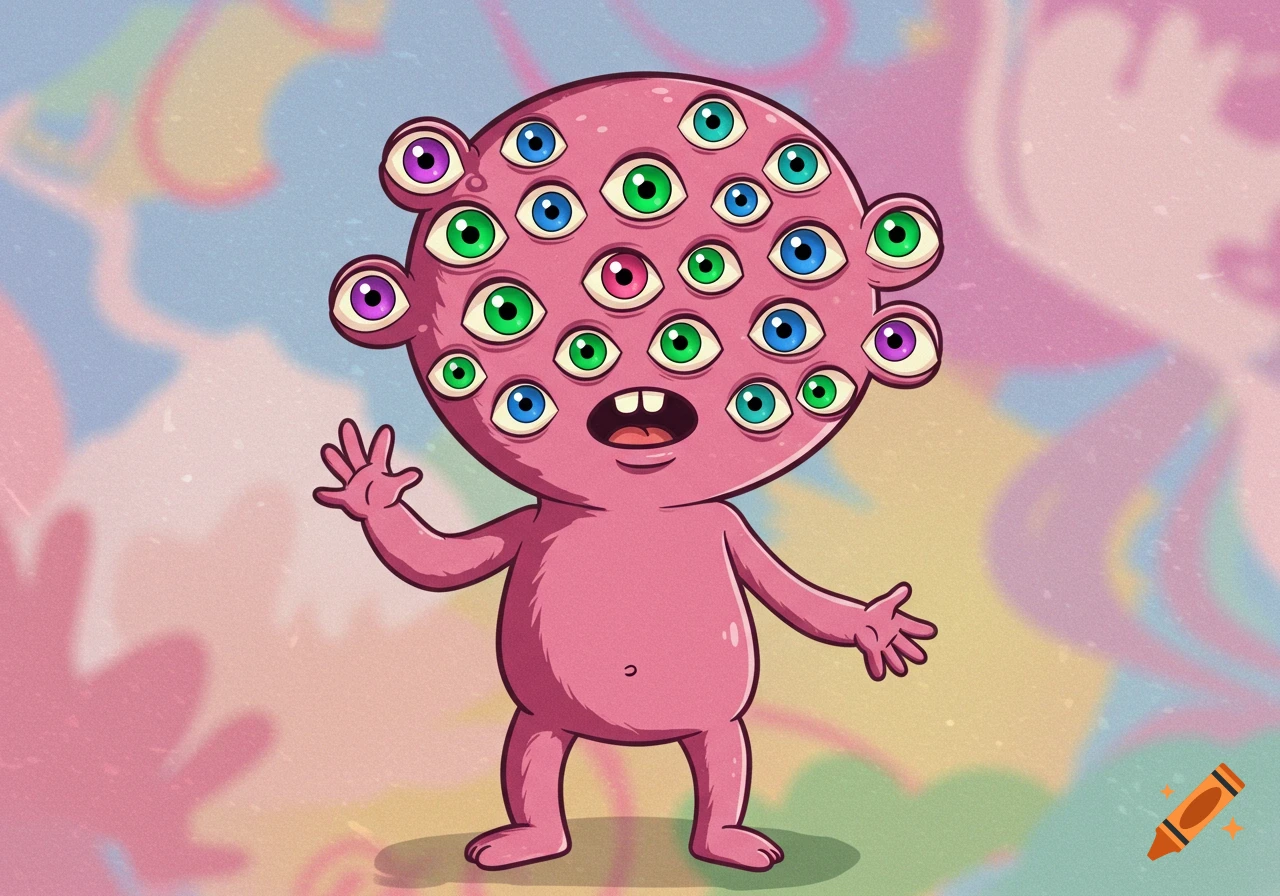 A pink cartoon monster with many colorful eyeballs covering its head, standing against a swirling pastel background.
