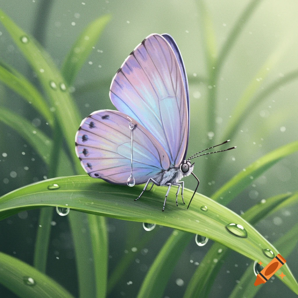 A highly detailed illustration of a light purple butterfly with iridescent wings, sitting on a green leaf covered in water droplets, one hanging like a tear.