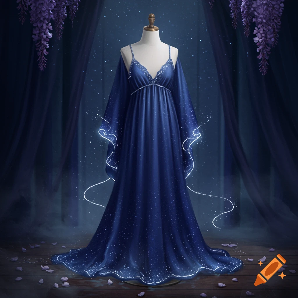 A dark blue nightgown with silver shimmer and glowing accents on a mannequin, set against a dark, ethereal background with purple flowers.