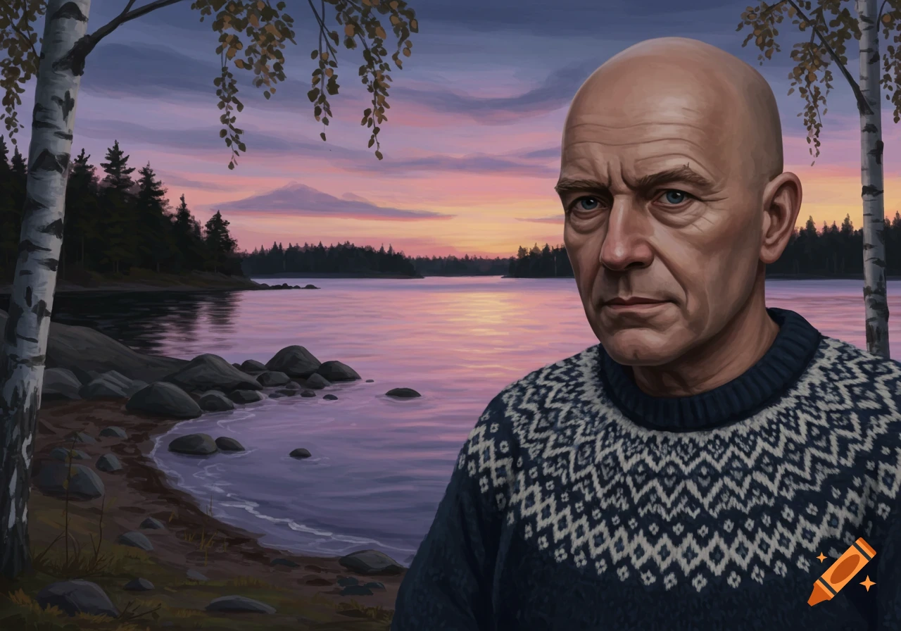 A bald man in a patterned sweater looks directly at the viewer, standing by a lake with birch trees at sunset, in a painterly style.