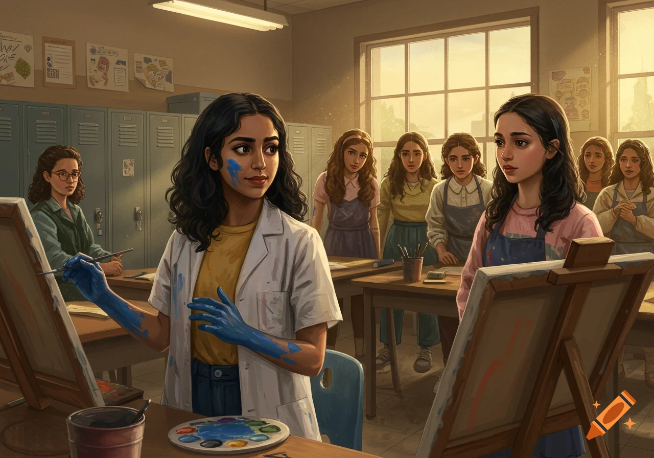 Young women in an art class, one with blue paint on her hands and face, painting at an easel.