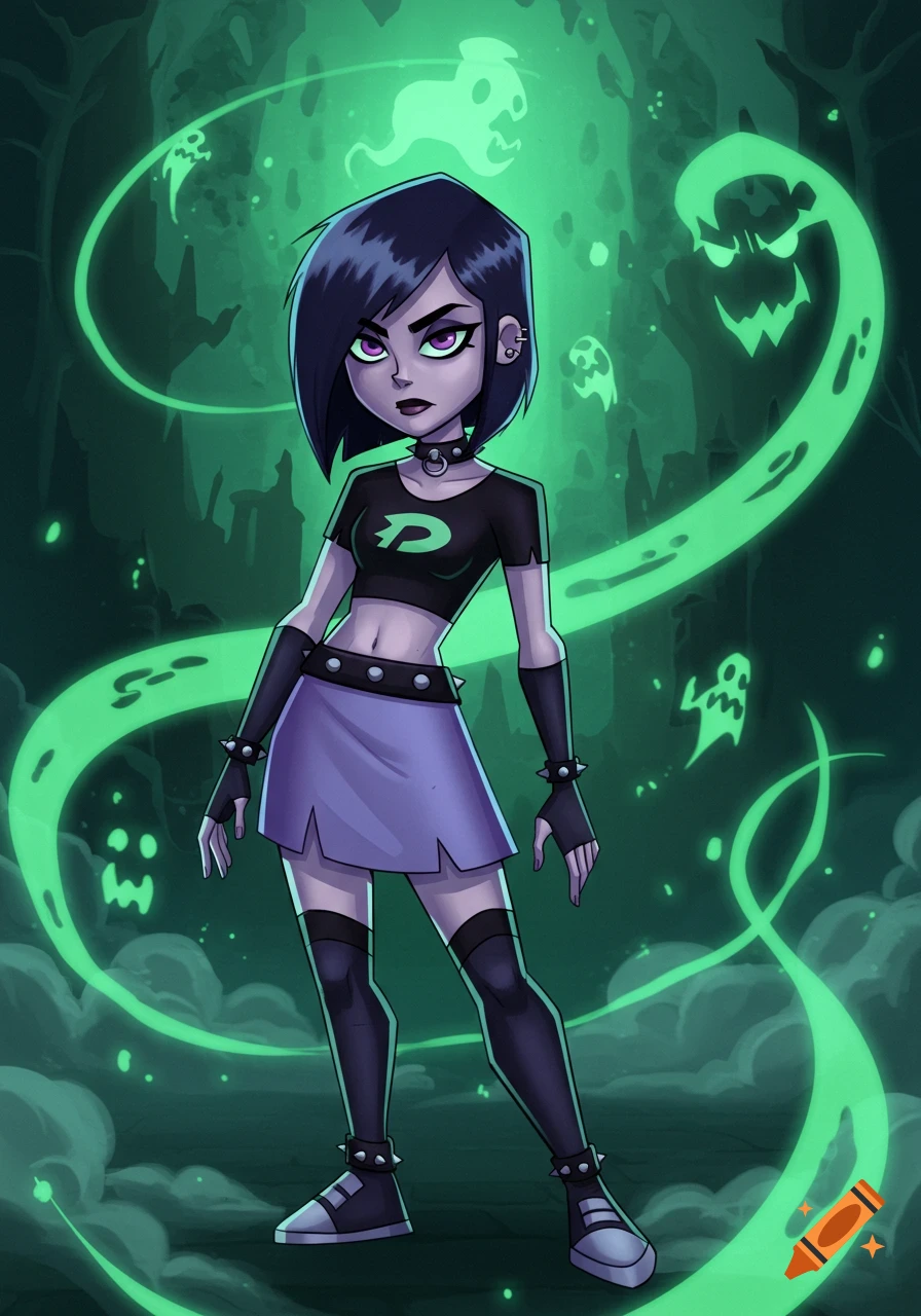 Sam Manson from Danny Phantom, with a gothic style, stands surrounded by glowing green ghost apparitions.